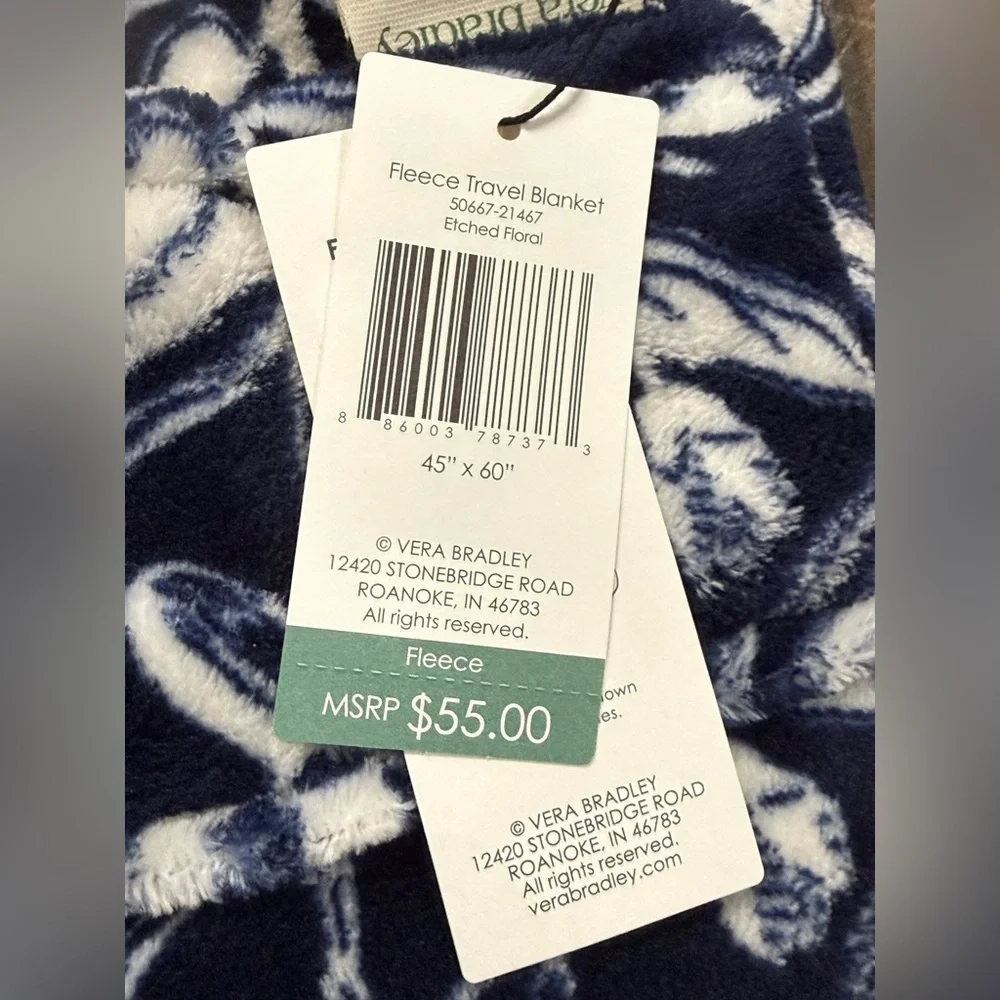 Vera Bradley Etched Floral Navy Fleece Travel Blanket  45x60 NWT